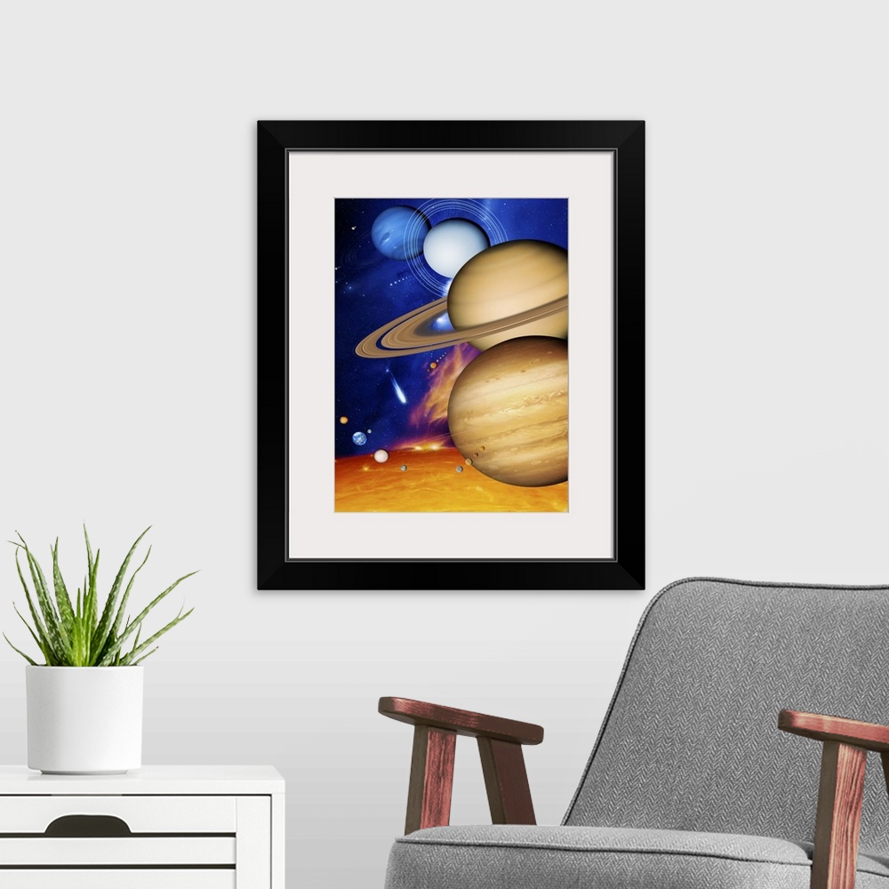 A modern room featuring Sun and its planets. Artwork of the nine planets of the solar system and the Sun (across bottom)....