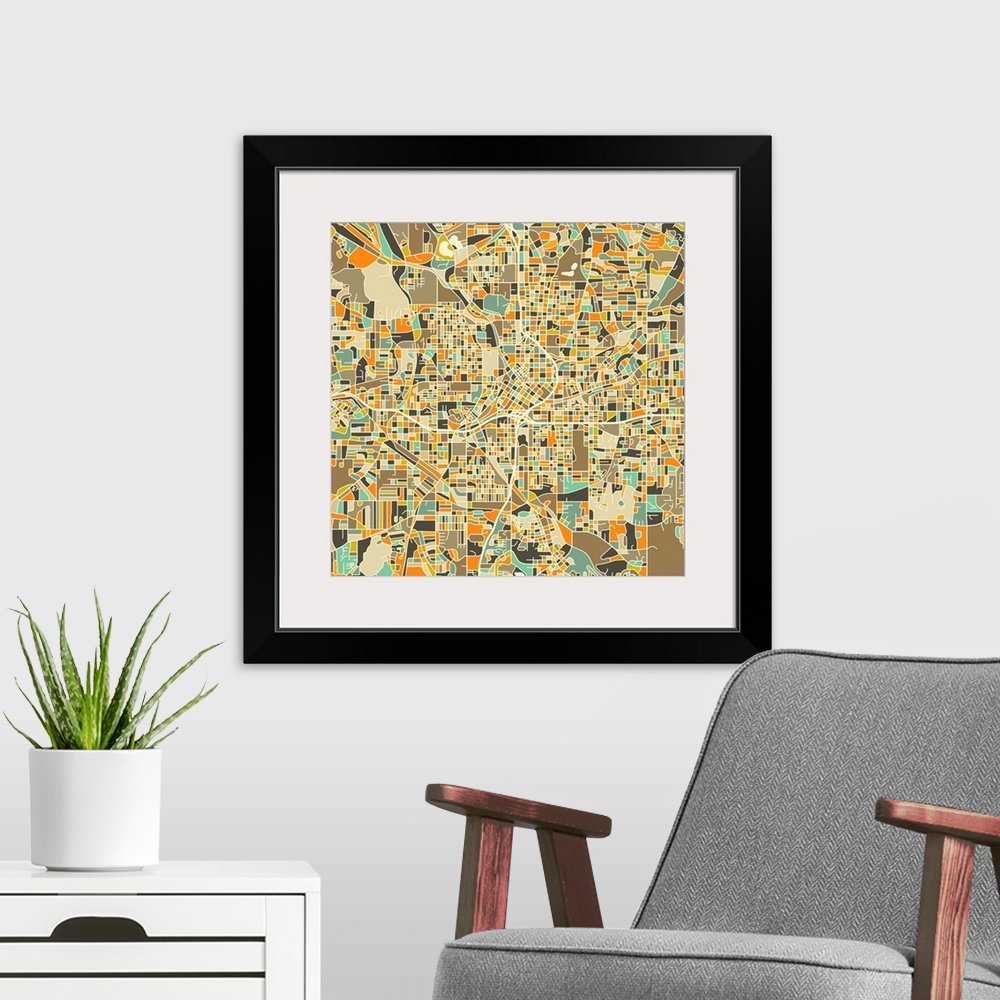 A modern room featuring Colorfully illustrated aerial street map of Atlanta, Georgia on a square background.