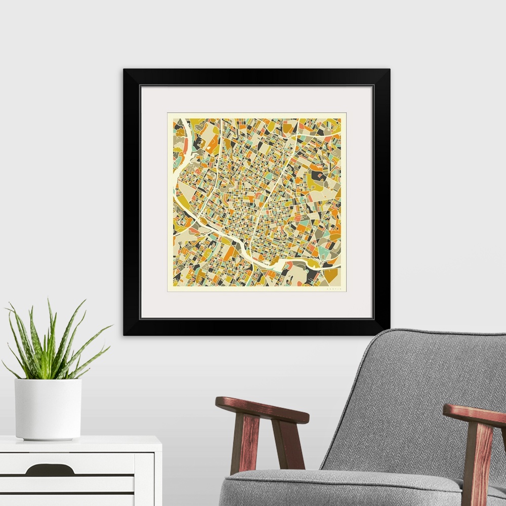A modern room featuring Colorfully illustrated aerial street map of Austin, Texas on a square background.