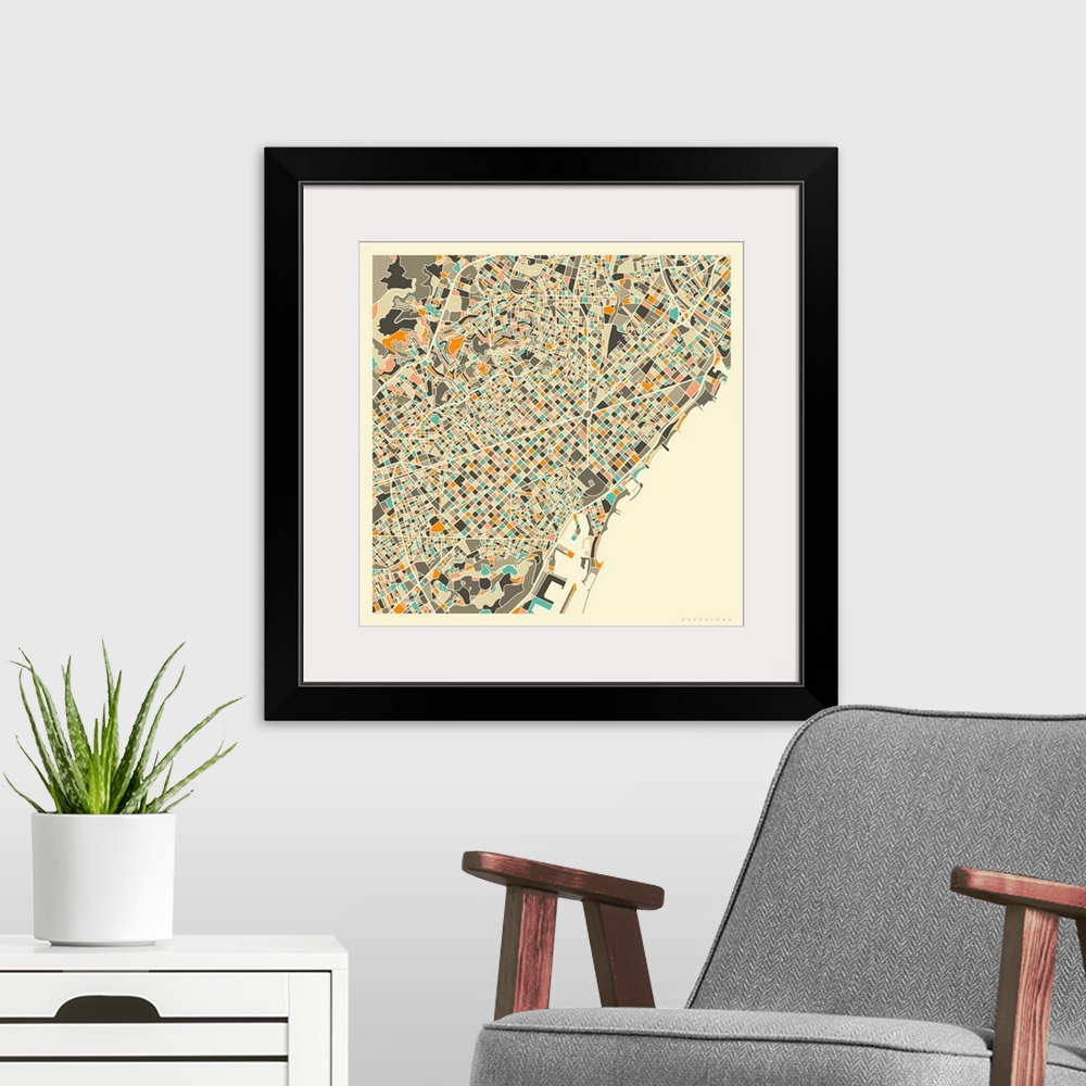 A modern room featuring Colorfully illustrated aerial street map of Barcelona, Spain on a square background.