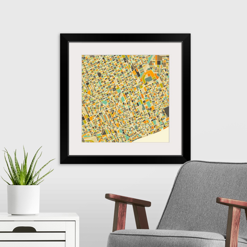 A modern room featuring Colorfully illustrated aerial street map of Detroit, Michigan on a square background.