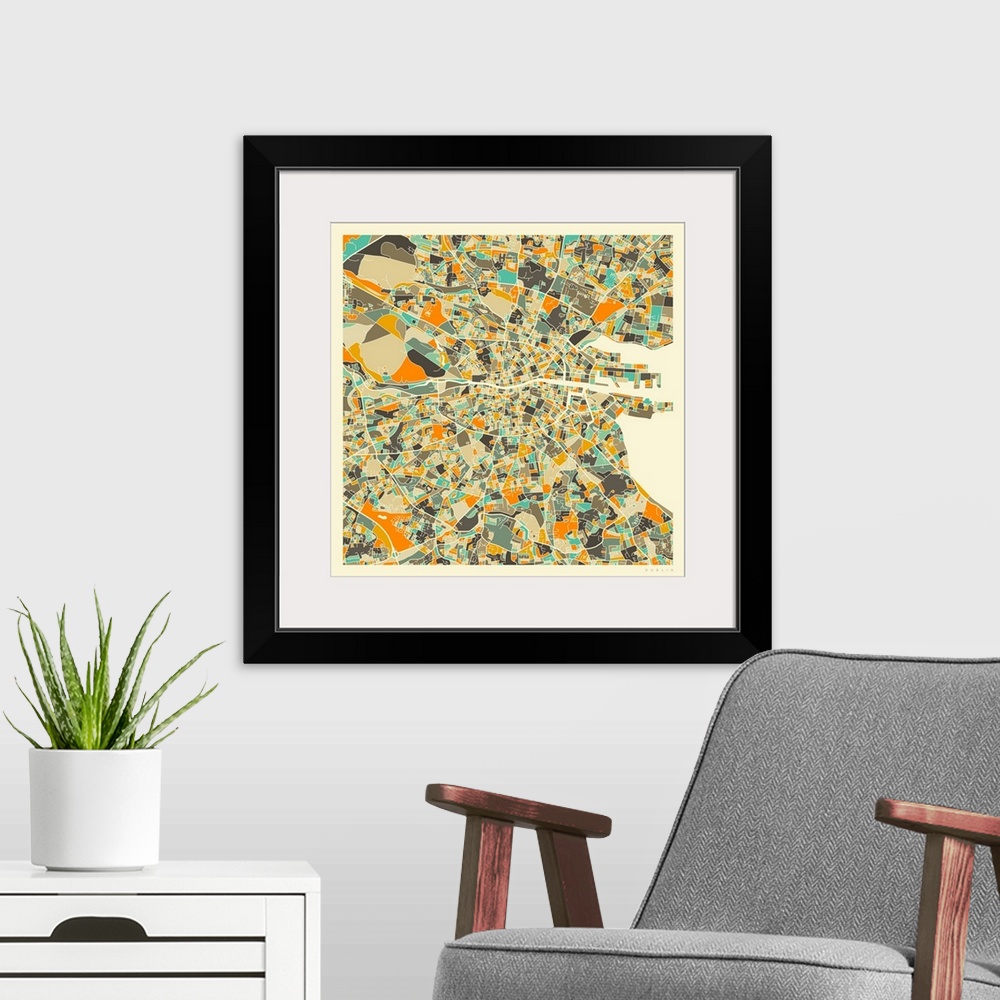 A modern room featuring Colorfully illustrated aerial street map of Dublin, Ireland on a square background.