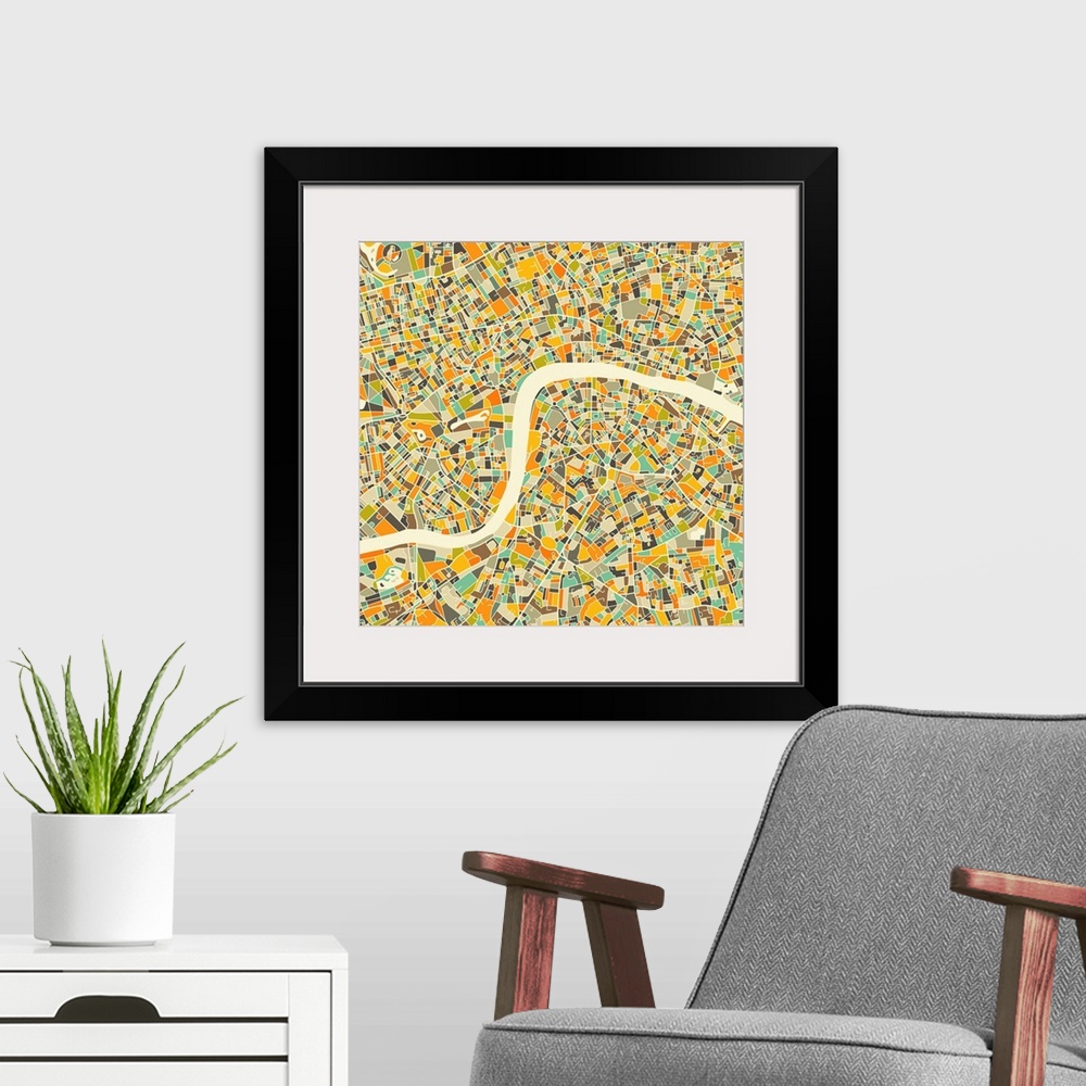 A modern room featuring Colorfully illustrated aerial street map of London, England on a square background.