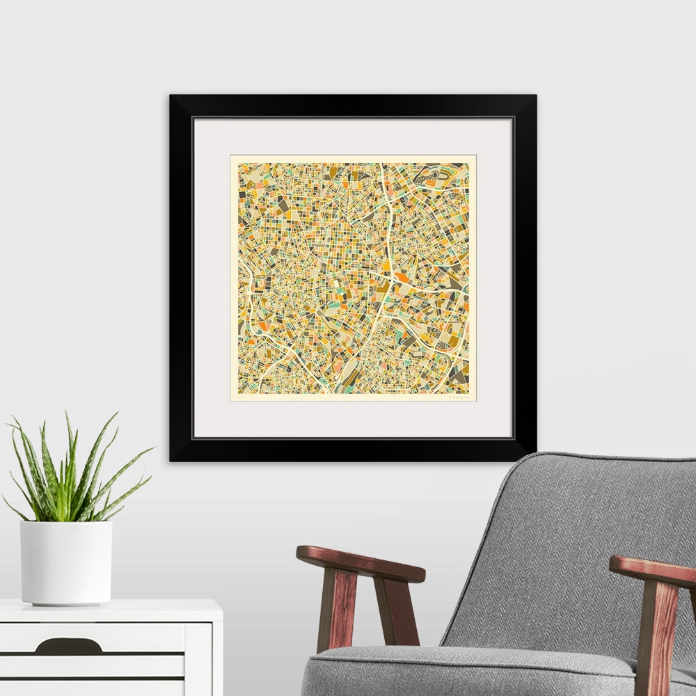 A modern room featuring Colorfully illustrated aerial street map of Madrid, Spain on a square background.
