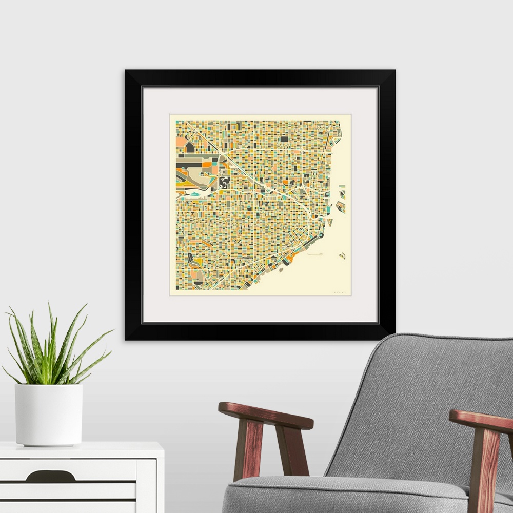 A modern room featuring Colorfully illustrated aerial street map of Miami, Florida on a square background.