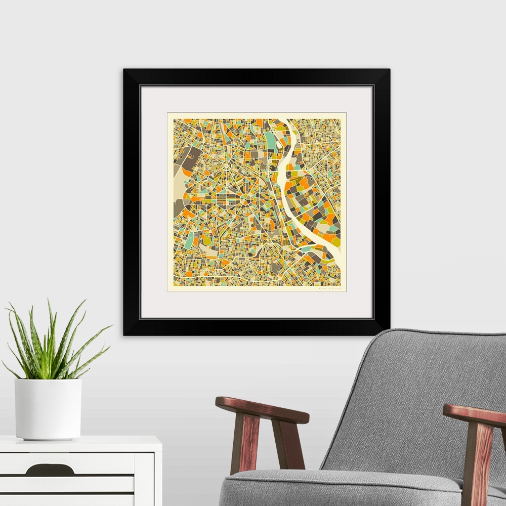 A modern room featuring Colorfully illustrated aerial street map of New Delhi, India on a square background.