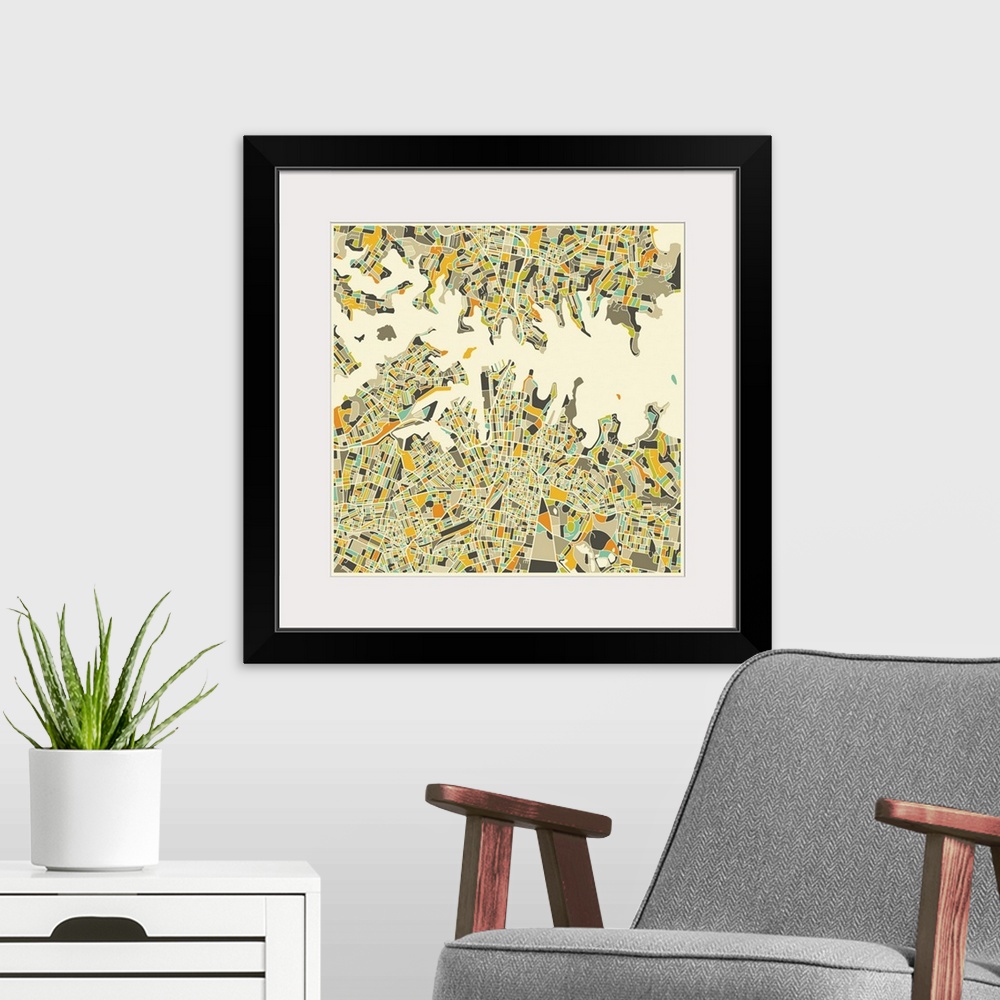 A modern room featuring Colorfully illustrated aerial street map of Sydney, Australia on a square background.