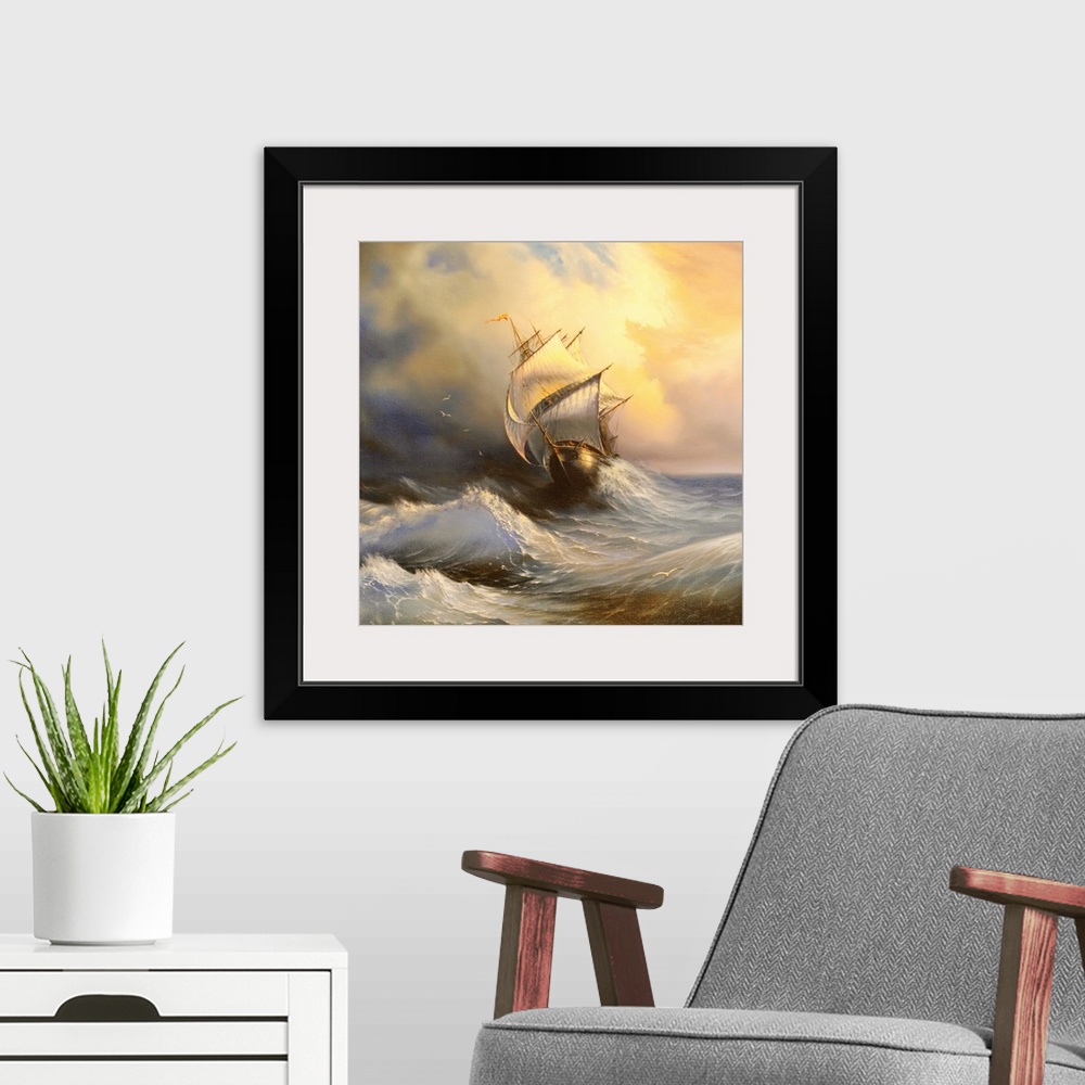 A modern room featuring Ancient sailing vessel in stormy sea