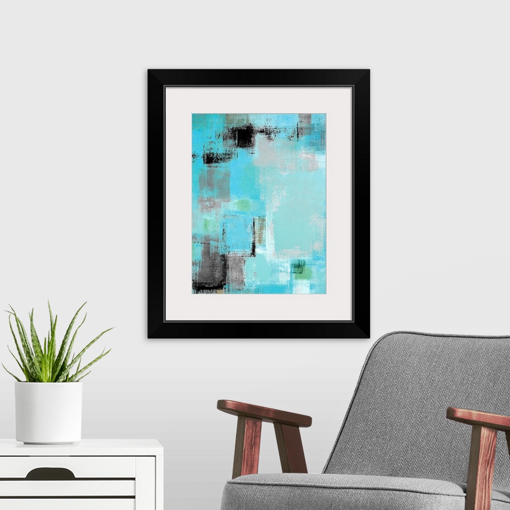 A modern room featuring Modern grey and blue abstract painting with simple lines and texture.