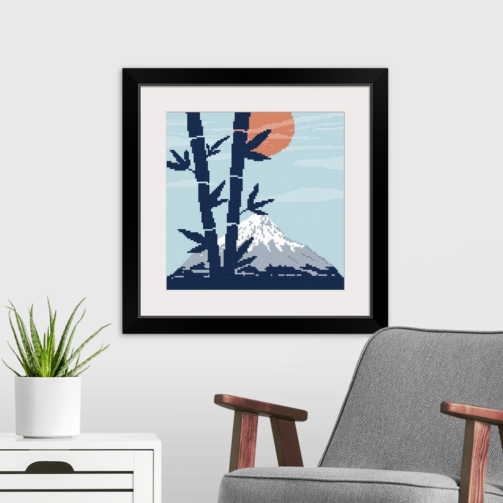 A modern room featuring Pixel bamboo, mountain fuji and red sun.