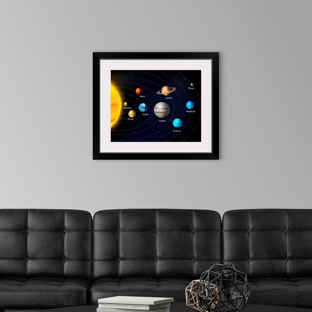 A modern room featuring Solar system background with sun and planets on orbit vector illustration.