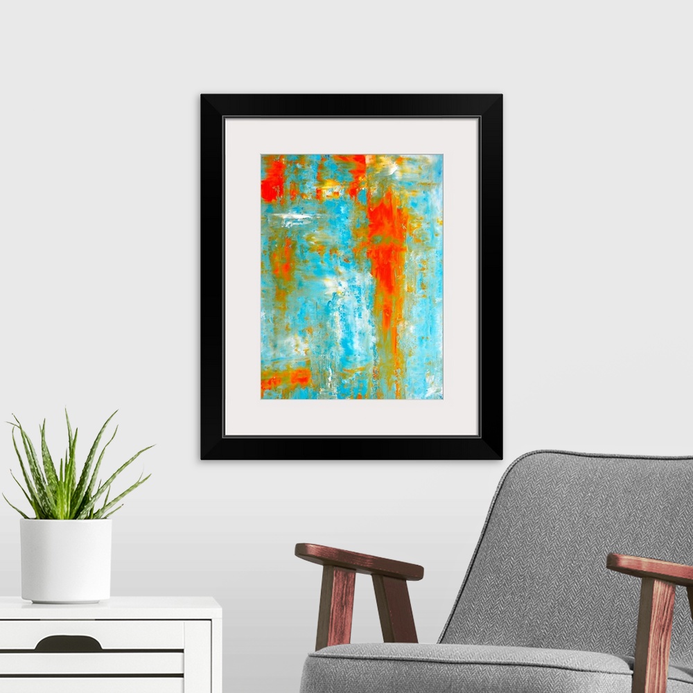 A modern room featuring This teal and orange artwork is the perfect choice for any room or project in need of a trendy ab...