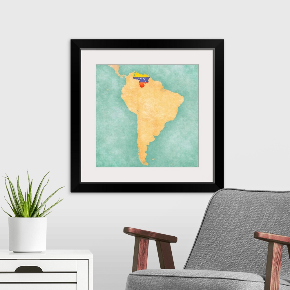 A modern room featuring Map Of South America - Venezuela (vintage Series)