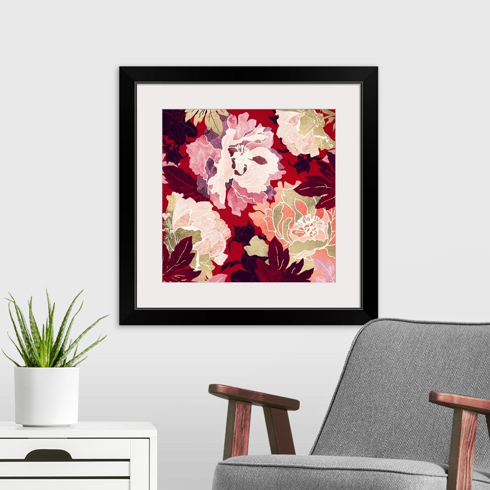 A modern room featuring Abstract floral design with crimson, red, pink, gold and leaves.