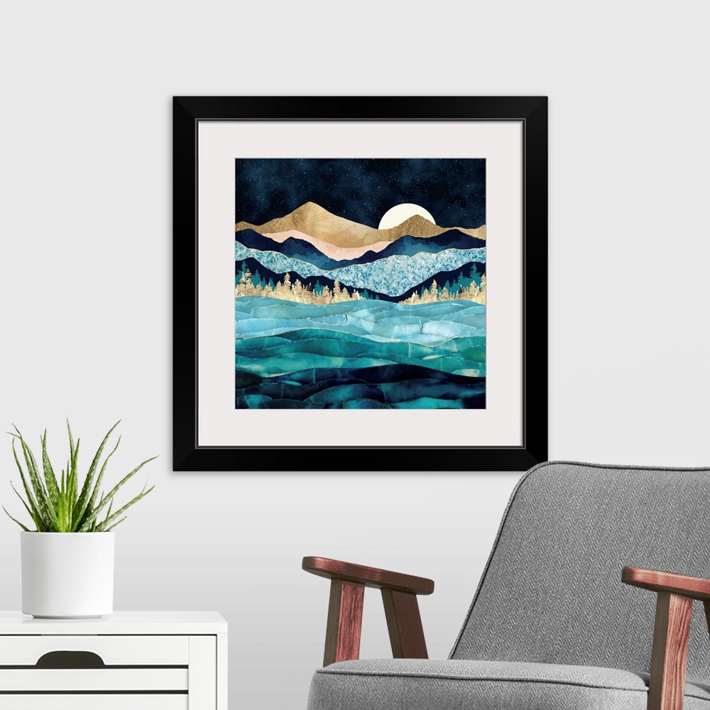 A modern room featuring Abstract evening landscape of rolling waves featurine water, mountains, trees, blue, gold and tex...