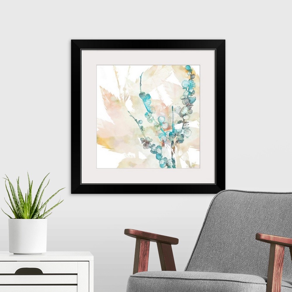 A modern room featuring Abstract depiction of flowers with teal, green, brown and leaves.