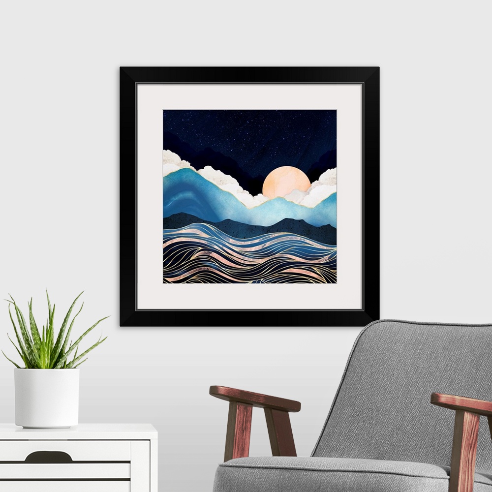 A modern room featuring Abstract depiction of a star sea with mountains, waves, gold and blue.