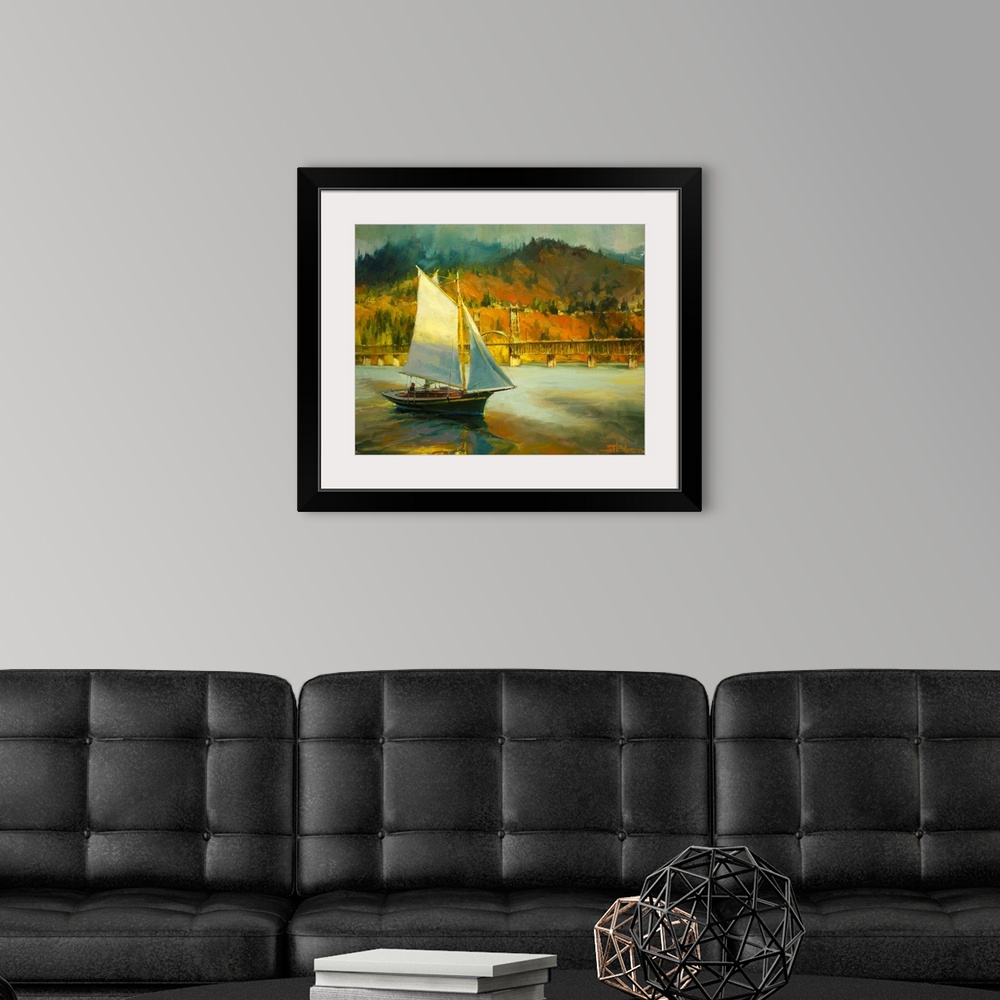 A modern room featuring Traditional painting of a sailboat on the Columbia River Gorge river in autumn near a bridge in t...