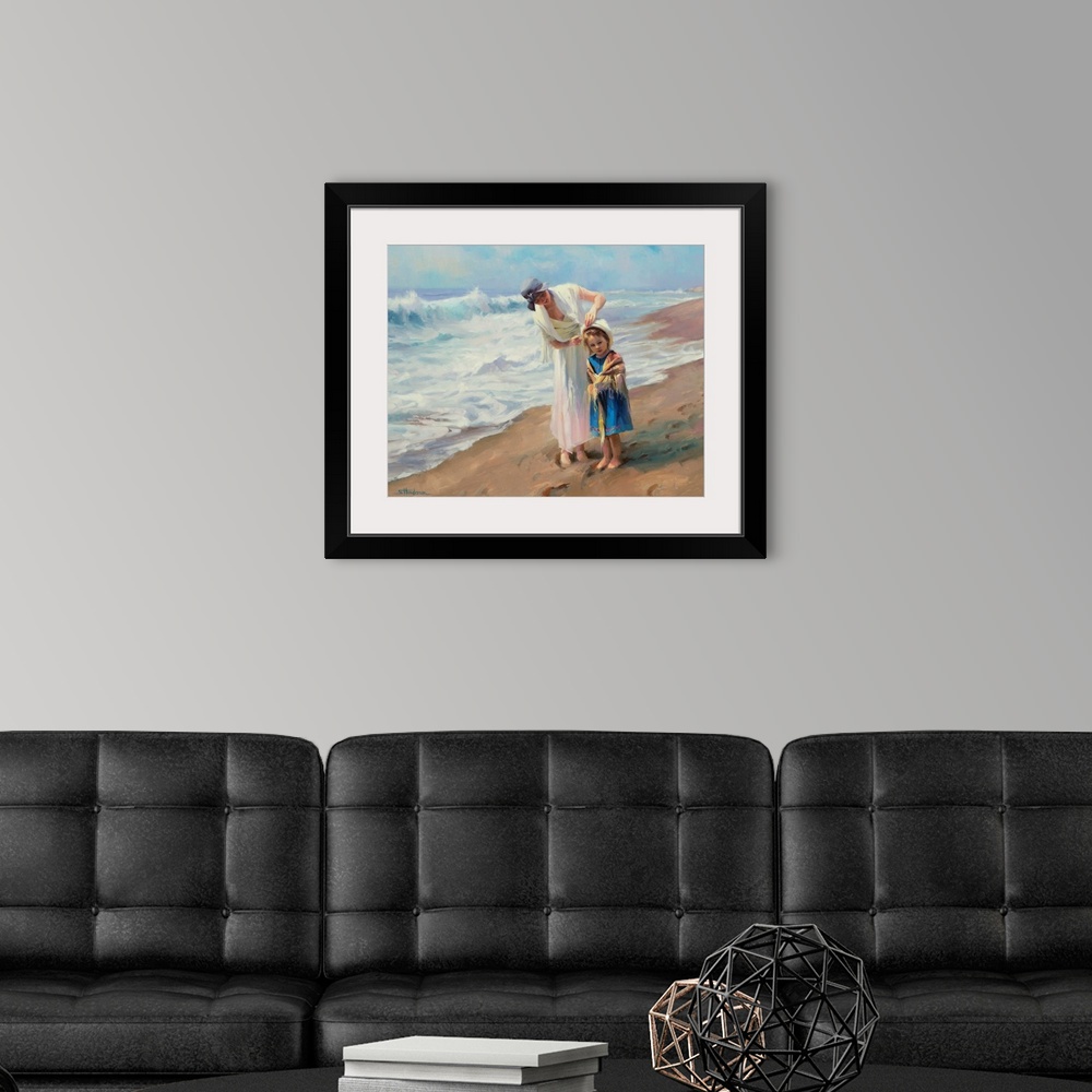 A modern room featuring Traditional representational painting of a mother and daughter at the beach. The girl is wearing ...