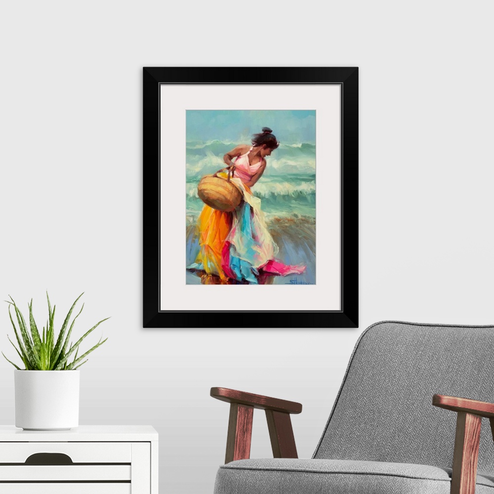 A modern room featuring Traditional impressionist painting of a beautiful,laughing Hispanic woman holding a basket of ove...