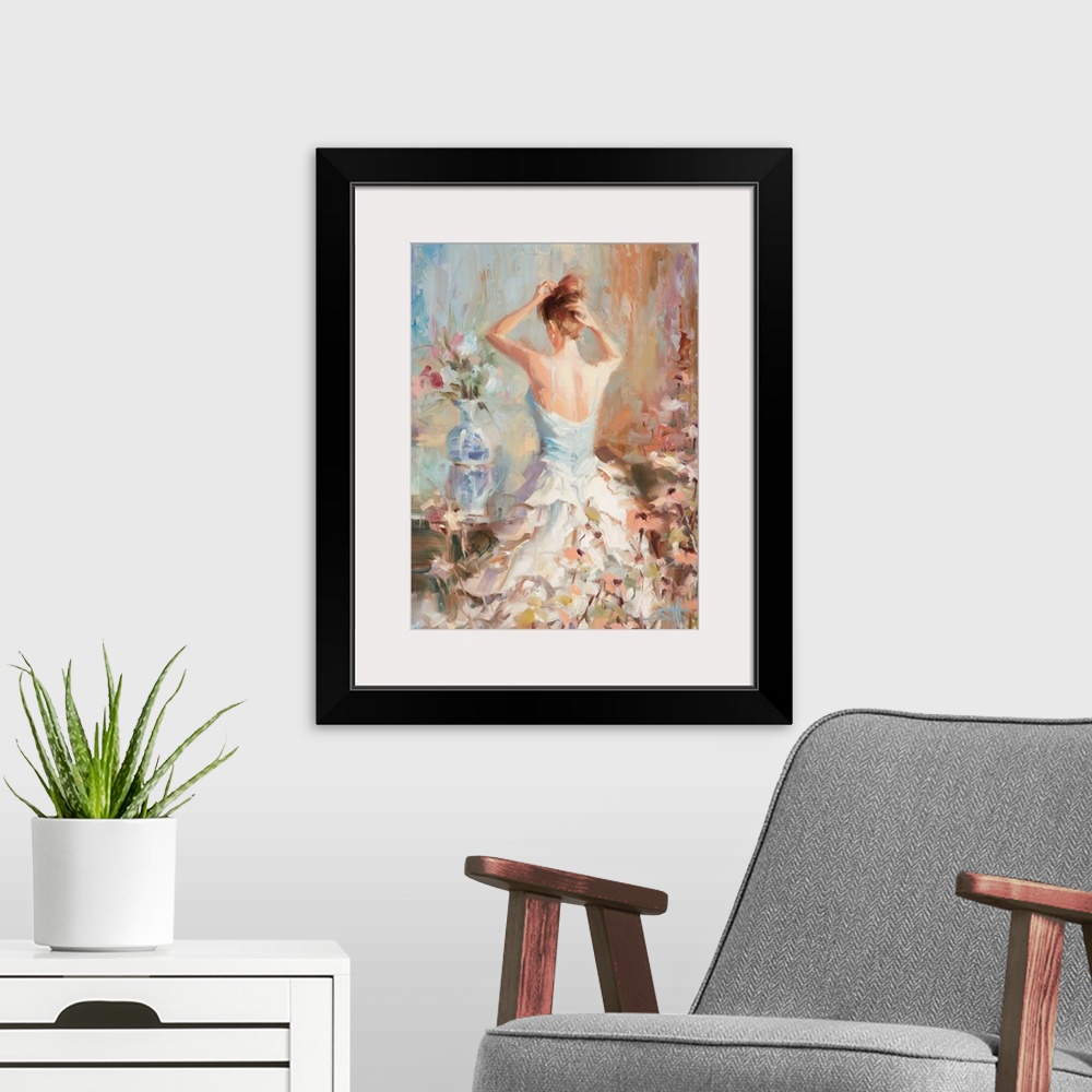 A modern room featuring Traditional impressionist painting of an elegant woman in her boudoir or bedroom, fixing her hair...