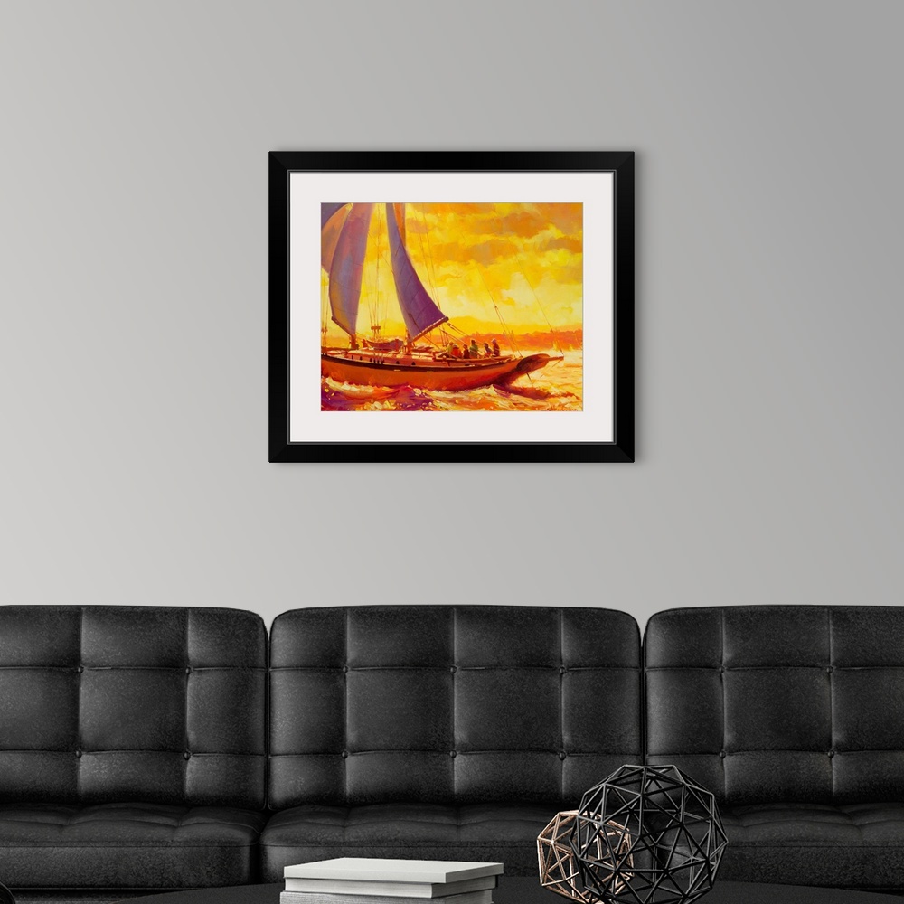 A modern room featuring Traditional representational painting of a sailboat full of friends, gliding through golden, glis...