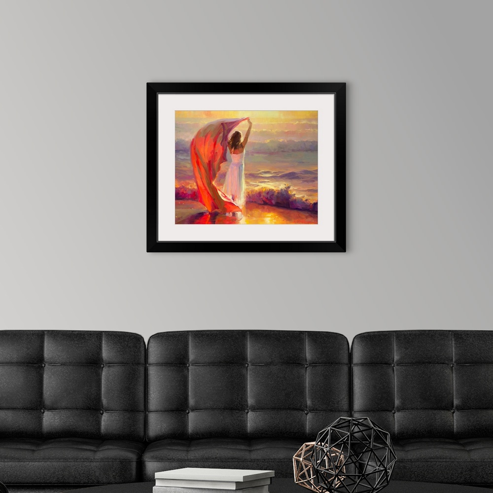 A modern room featuring Traditional impressionist painting of a young beautiful woman standing at the beach, arms raised ...