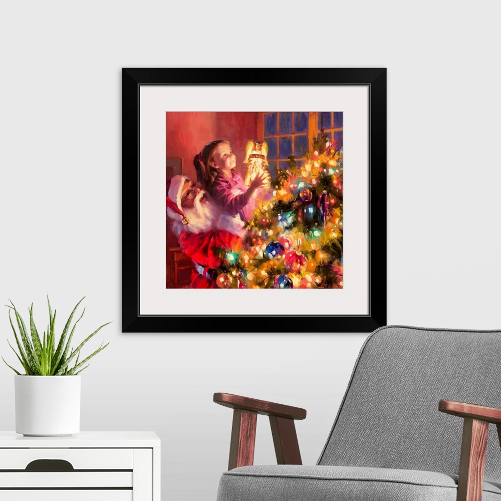 A modern room featuring Traditional representational holiday Christmas painting of Santa Claus making toys in his North P...