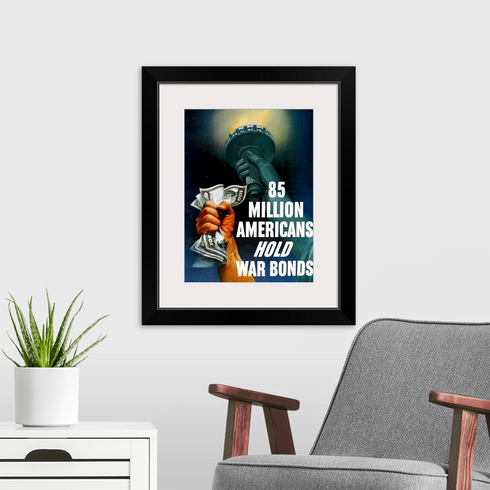 A modern room featuring Digitally restored vector war propaganda poster. This vintage World War Two poster features Lady ...