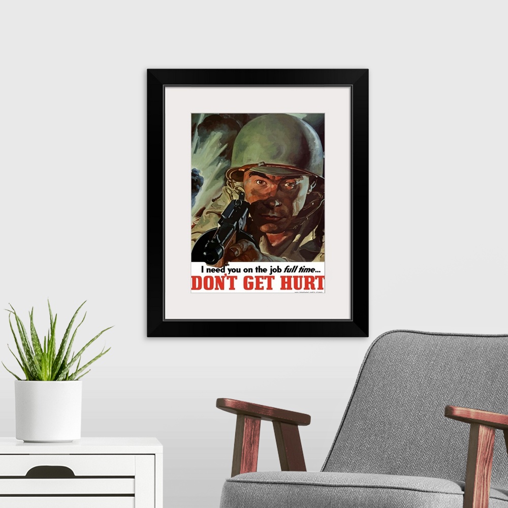 A modern room featuring Digitally restored vector war propaganda poster. This vintage World War II poster features an Ame...