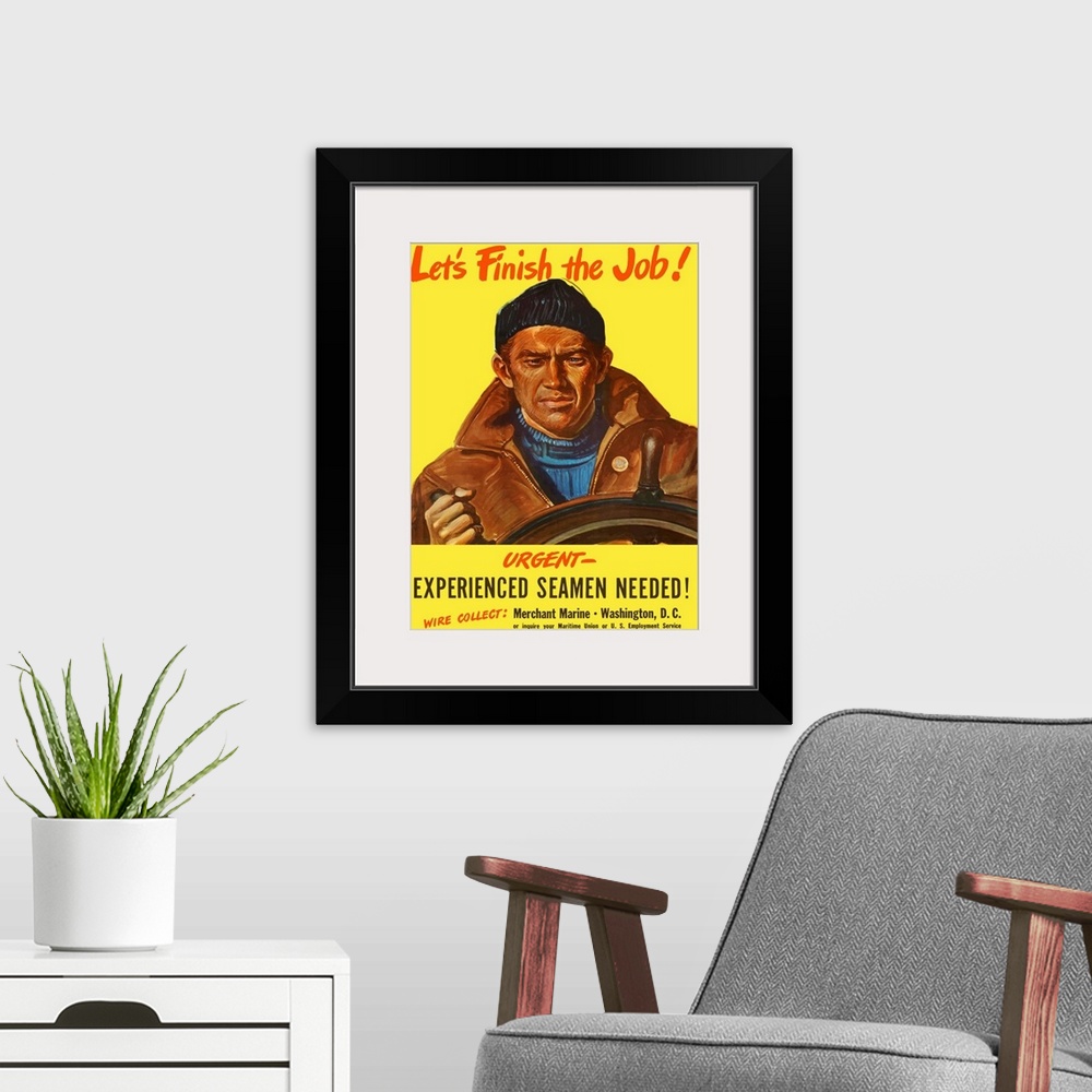 A modern room featuring Digitally restored vector war propaganda poster. This vintage World War Two poster features a sai...