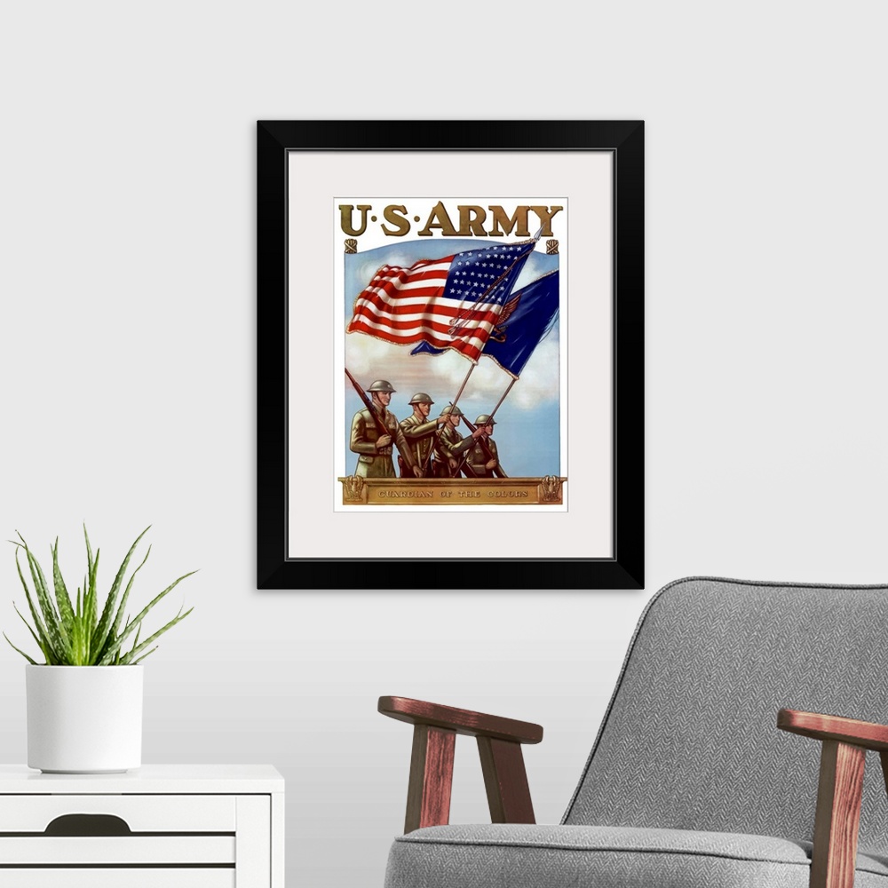 A modern room featuring Retro poster for the US Army on canvas with soldiers carrying flags and guns while marching.