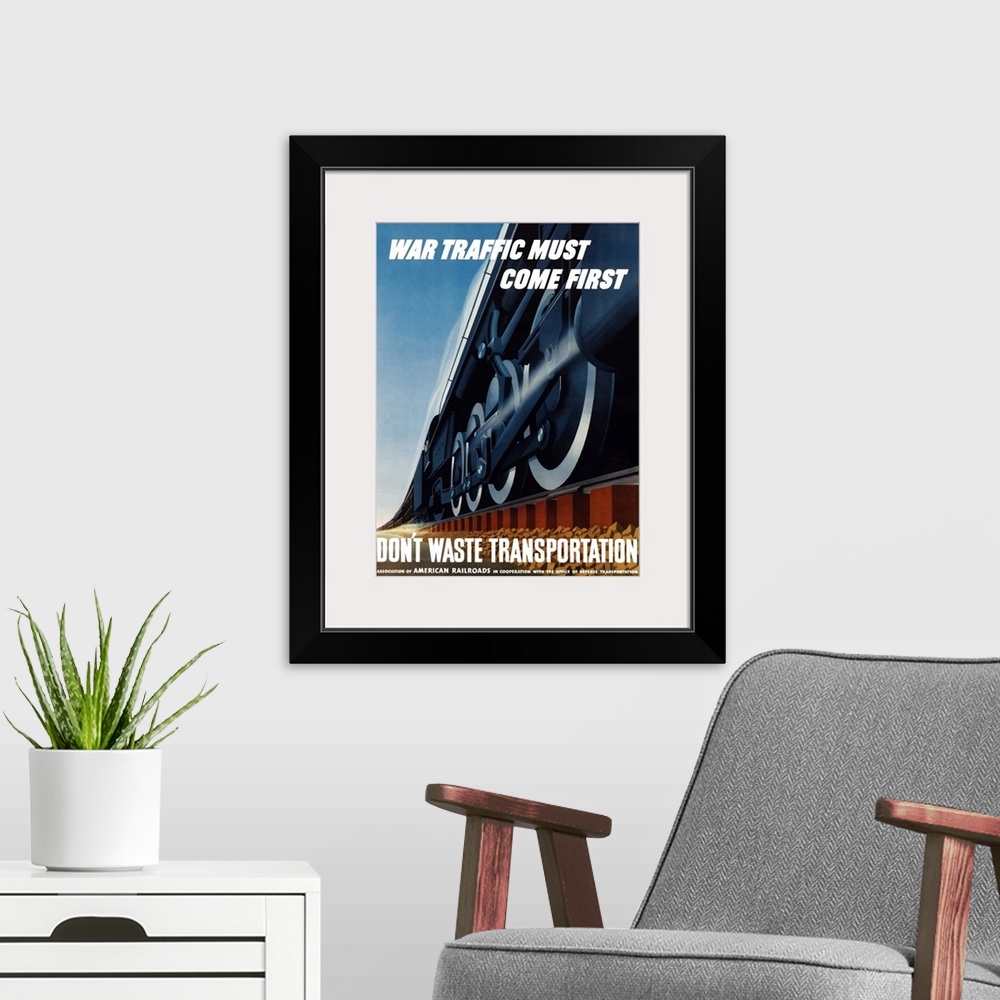 A modern room featuring Digitally restored vector war propaganda poster. This vintage World War Two poster features a tra...