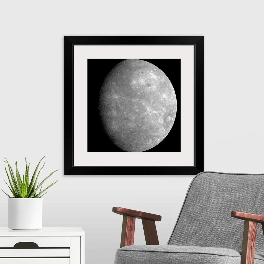 A modern room featuring Mosaic of the planet Mercury as seen from the MESSENGER spacecraft on the mission's first flyby o...