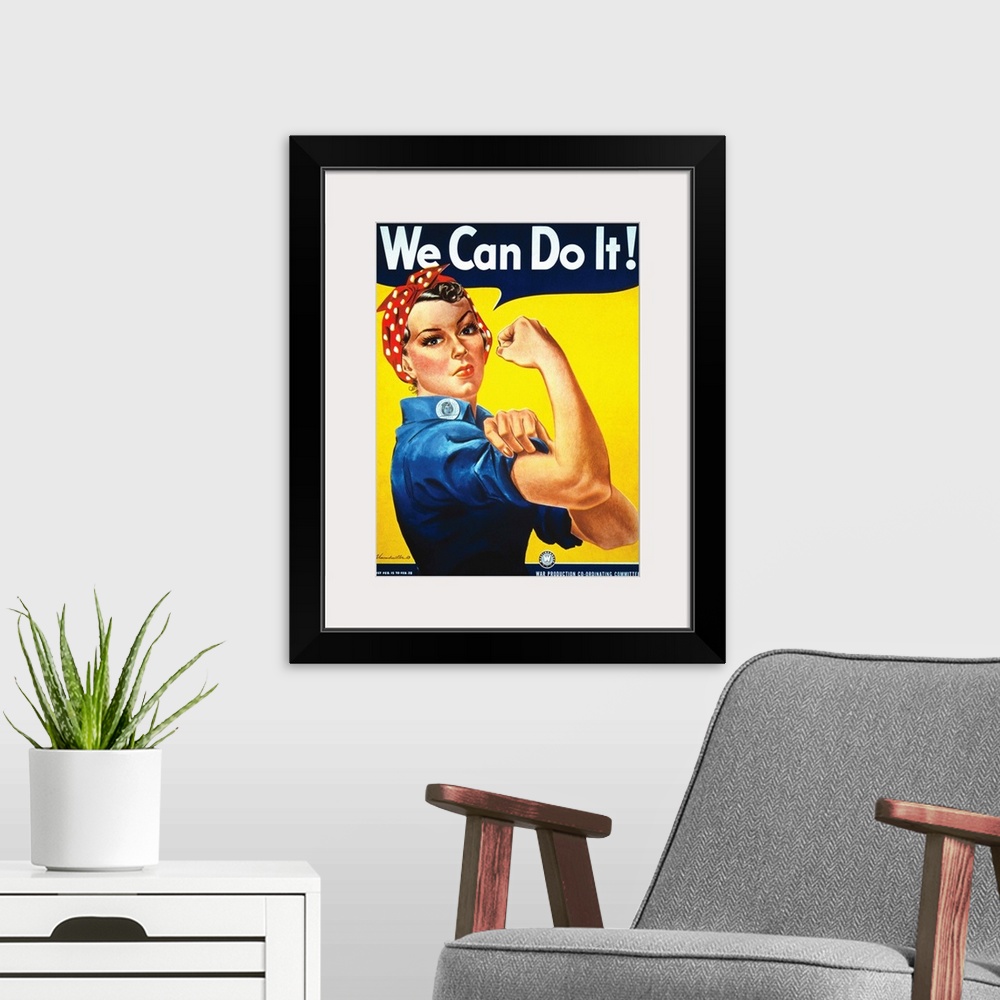 A modern room featuring Rosie The Riveter vintage war poster from World War II.