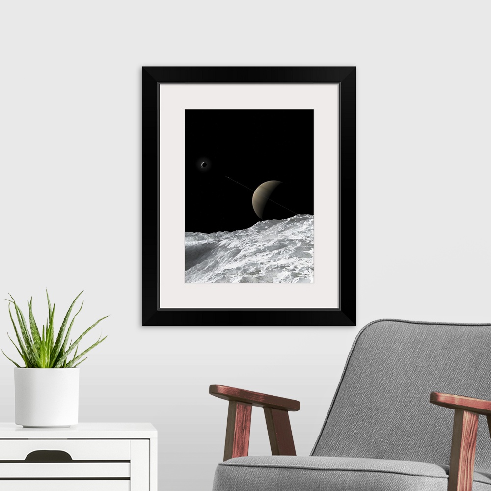 A modern room featuring Saturn and Enceladus as seen from the moon Tethys. Enceladus is ejecting water from its' south po...