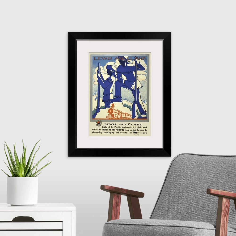 A modern room featuring Vintage Travel Poster Of Silhouettes Of Lewis And Clark With A Steam Train, 1920
