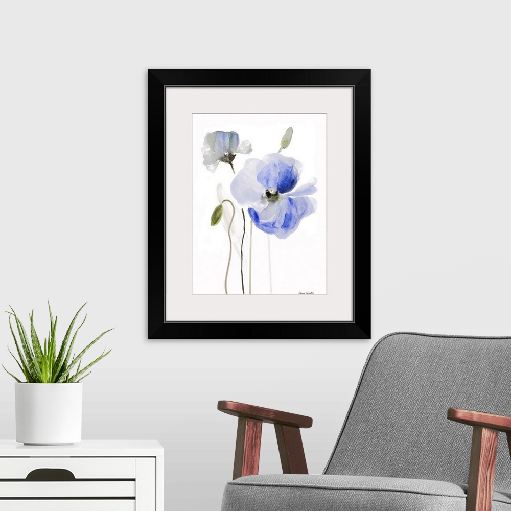 A modern room featuring Watercolor painting of blue poppies against a white background.