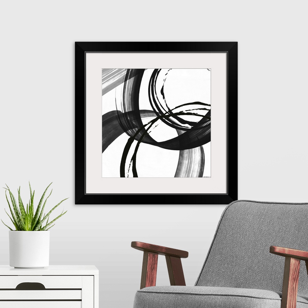 A modern room featuring A contemporary abstract painting with big circles using black and white hues.
