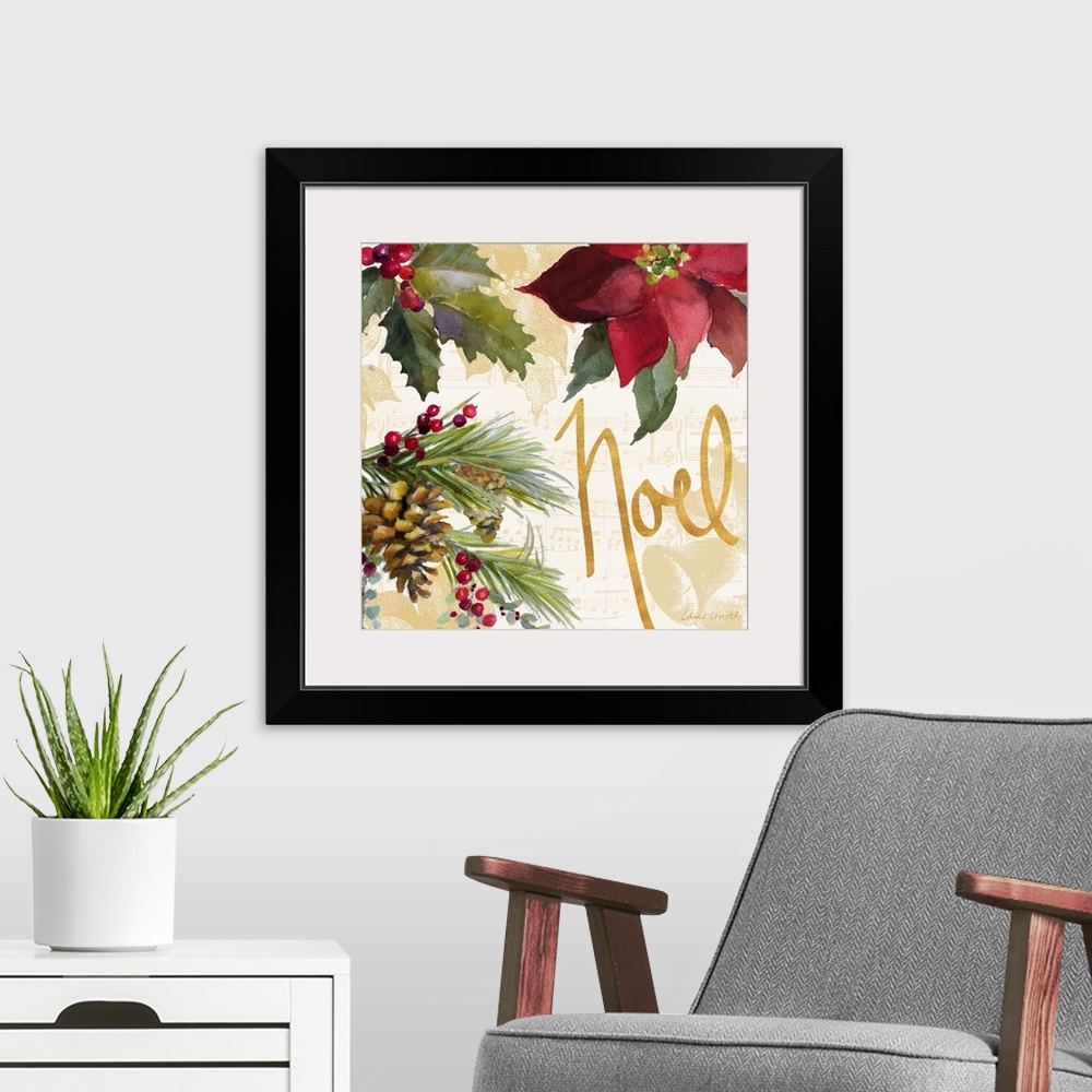 A modern room featuring Seasonal artwork with gold text and pinecones and a poinsettia.