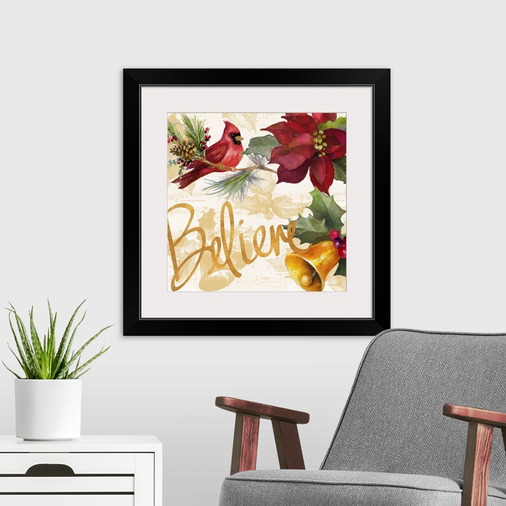 A modern room featuring Seasonal artwork with gold text and a cardinal and poinsettia.