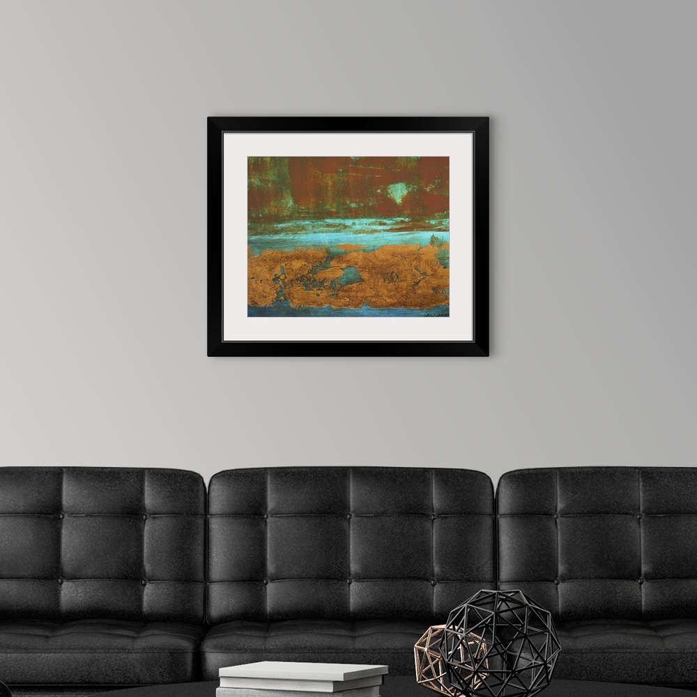 A modern room featuring Contemporary abstract artwork in rusty copper shades on bright teal.