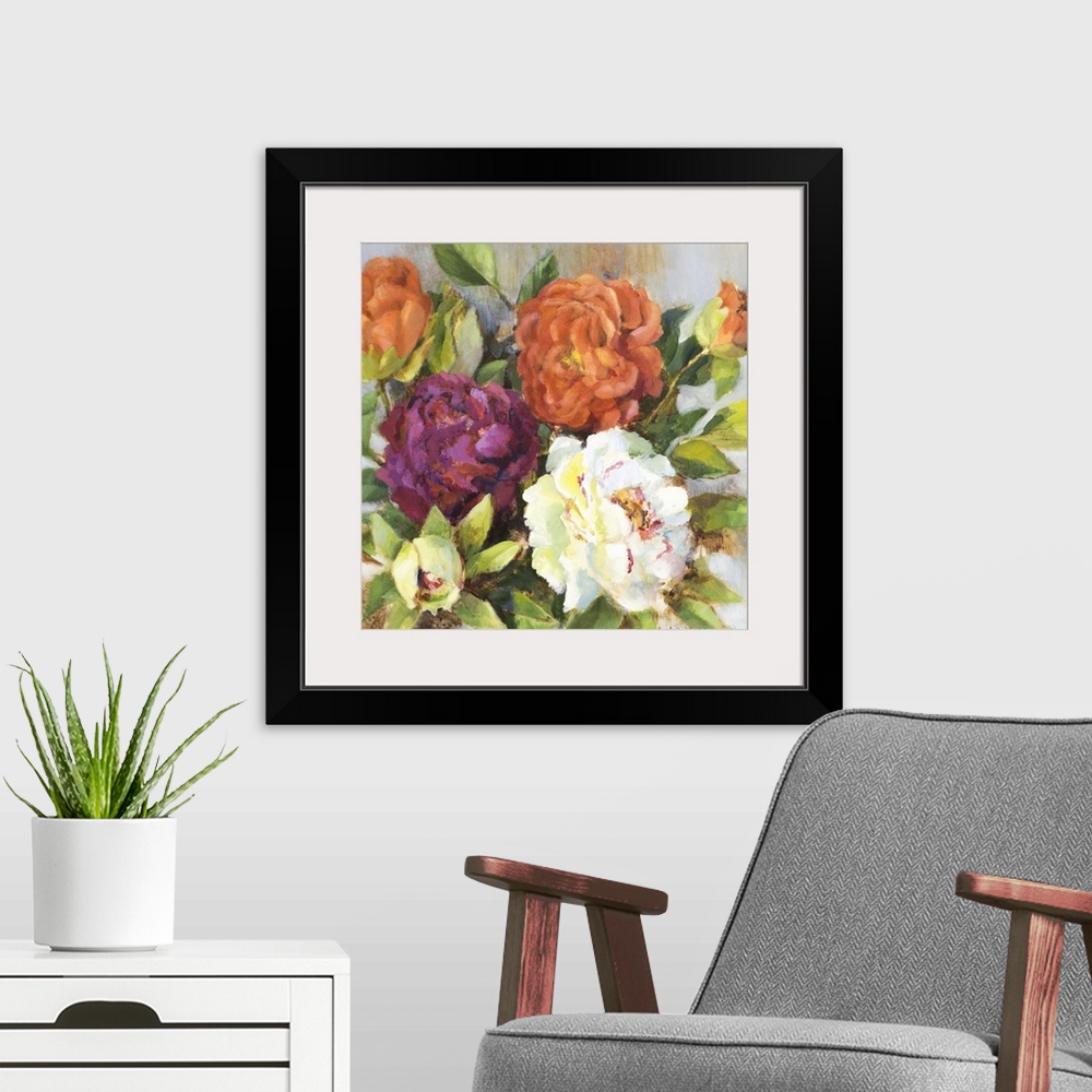 A modern room featuring Colorful painting of a bouquet of big beautiful flowers.