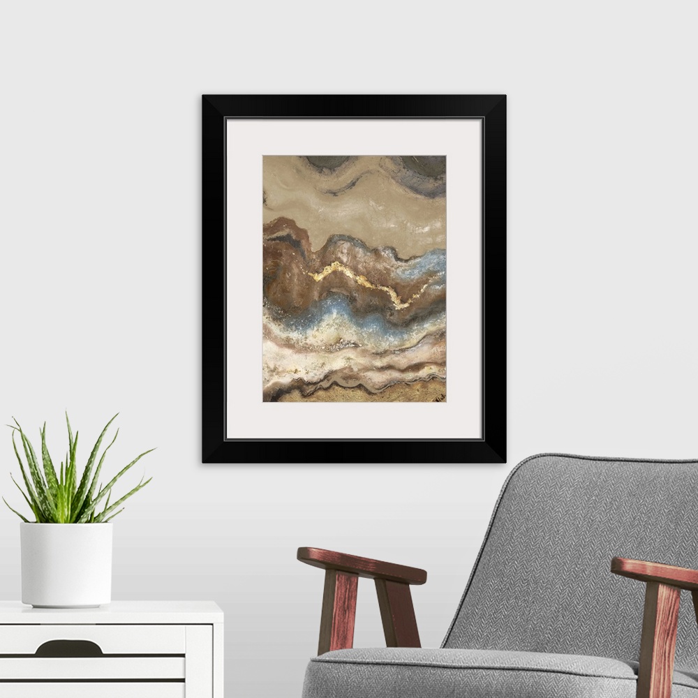 A modern room featuring Contemporary abstract artwork resembling sedimentary rock layers.