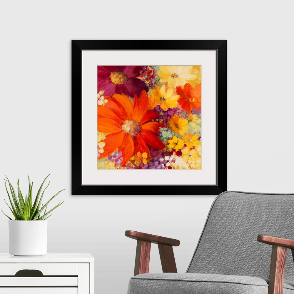 A modern room featuring Closeup artwork of a variety of blooming flowers in mostly vibrant tones.