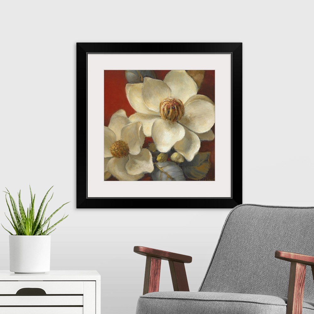 A modern room featuring Square painting on canvas of big flowers against a warm background.