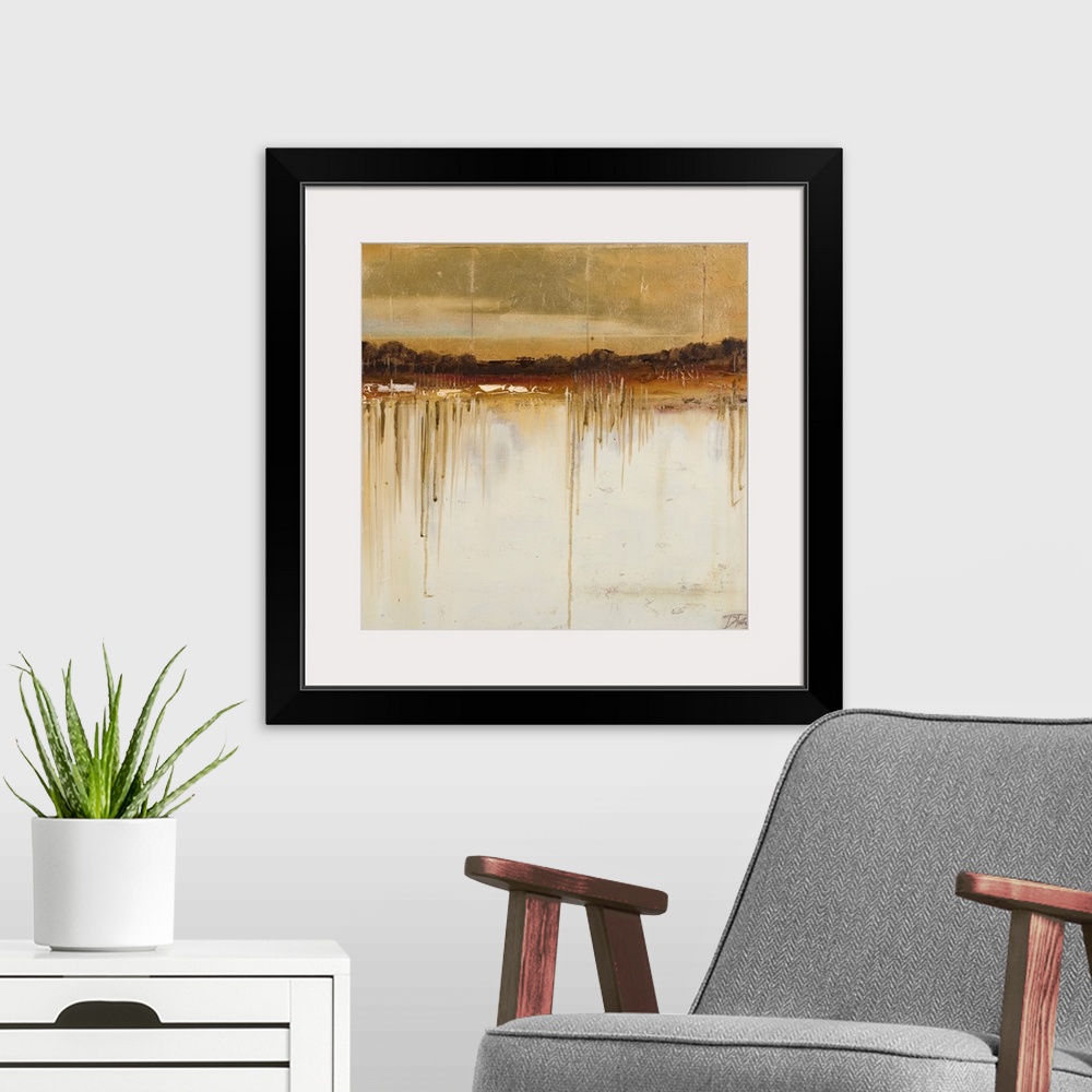 A modern room featuring Abstract art painting in neutral tones with a darker top and a lighter bottom separated by a row ...