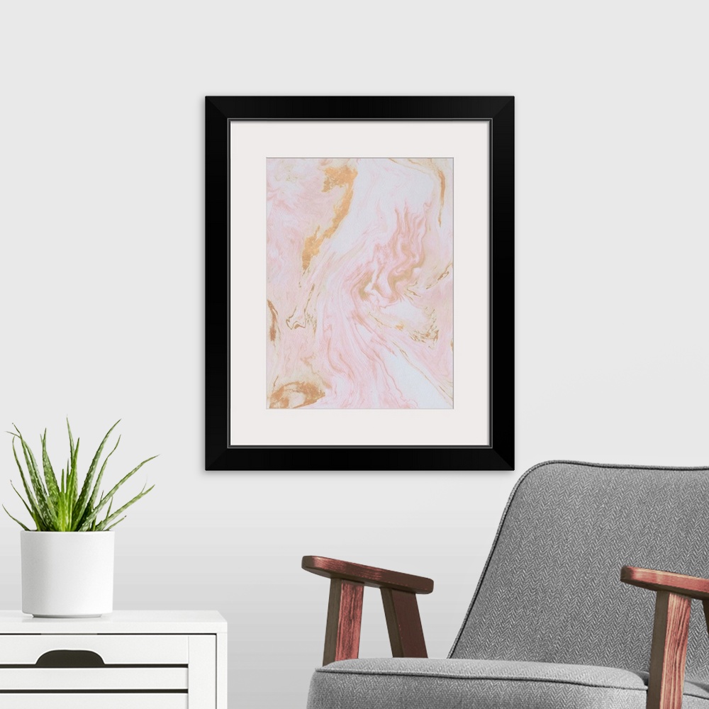 A modern room featuring Marbleized pink color fills this contemporary artwork with gold accents.