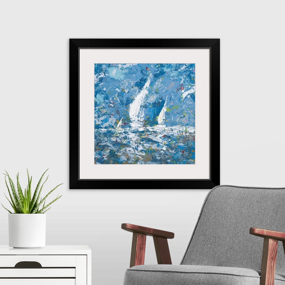 A modern room featuring Square, giant abstract painting of three sailboats in the water, beneath a blue sky.  Painted wit...