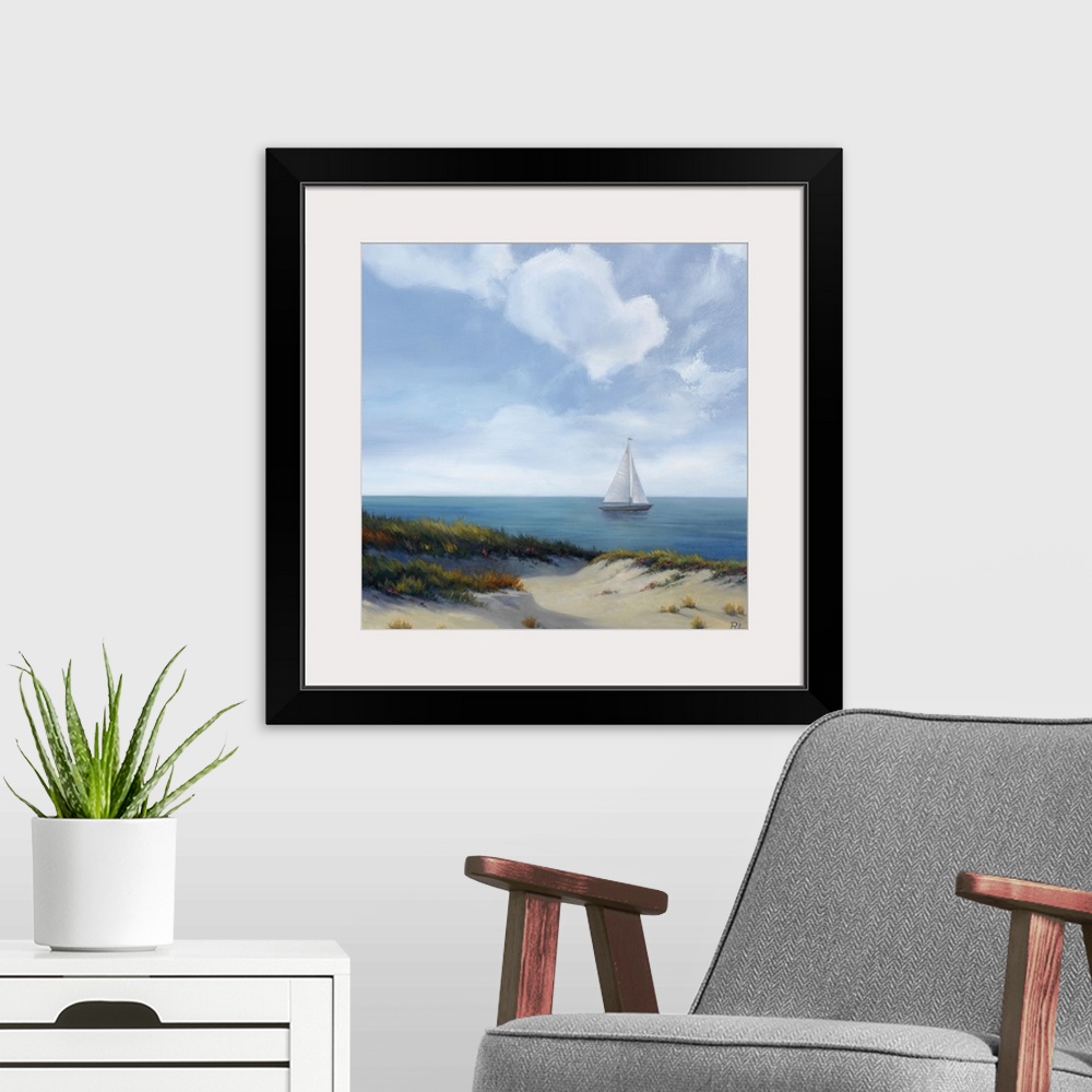 A modern room featuring This is a square shaped painting by a contemporary artist of beach dunes covered with grass and s...